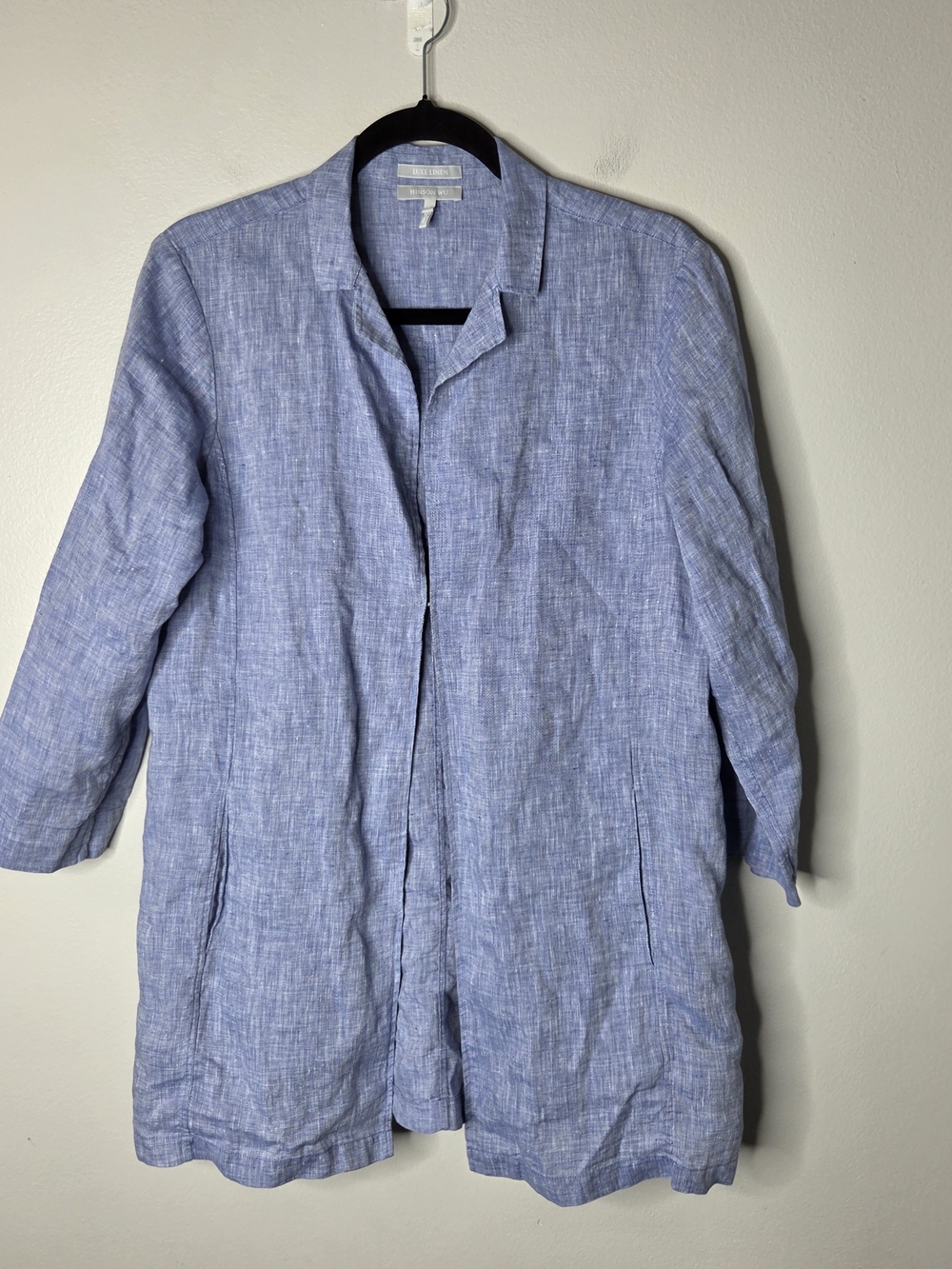 Hinson Wu Luxe Linen Blue Slit Pocket Longer Blazer